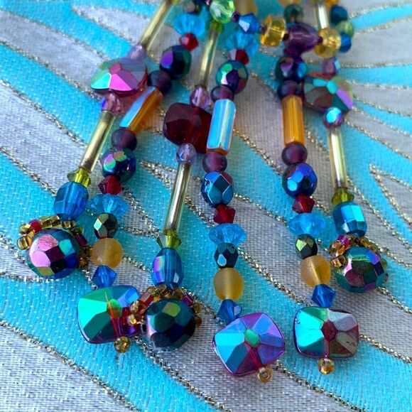 Multi color glass artisan beaded festoon chandelier earrings clip back red - Picture 7 of 10